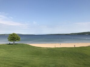 Une zone herbeuse avec un arbre et une plage de sable au bord d’un lac paisible.