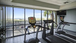 Un gimnasio con cintas de correr y una bicicleta estática, ventanas amplias con vista a un puente y palmeras.