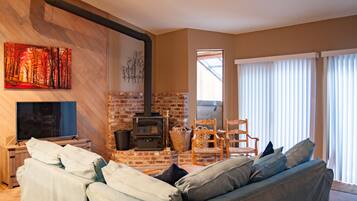 Smart TV, fireplace, books