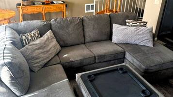 Smart TV, fireplace, books