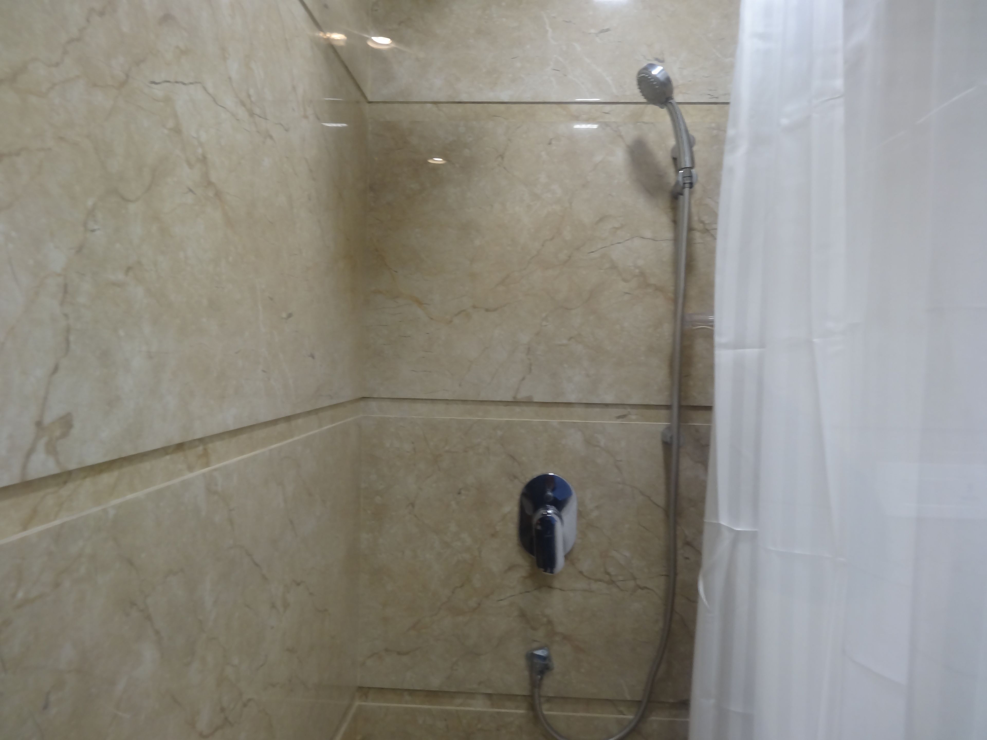 A shower area with a handheld showerhead and a wall-mounted faucet.