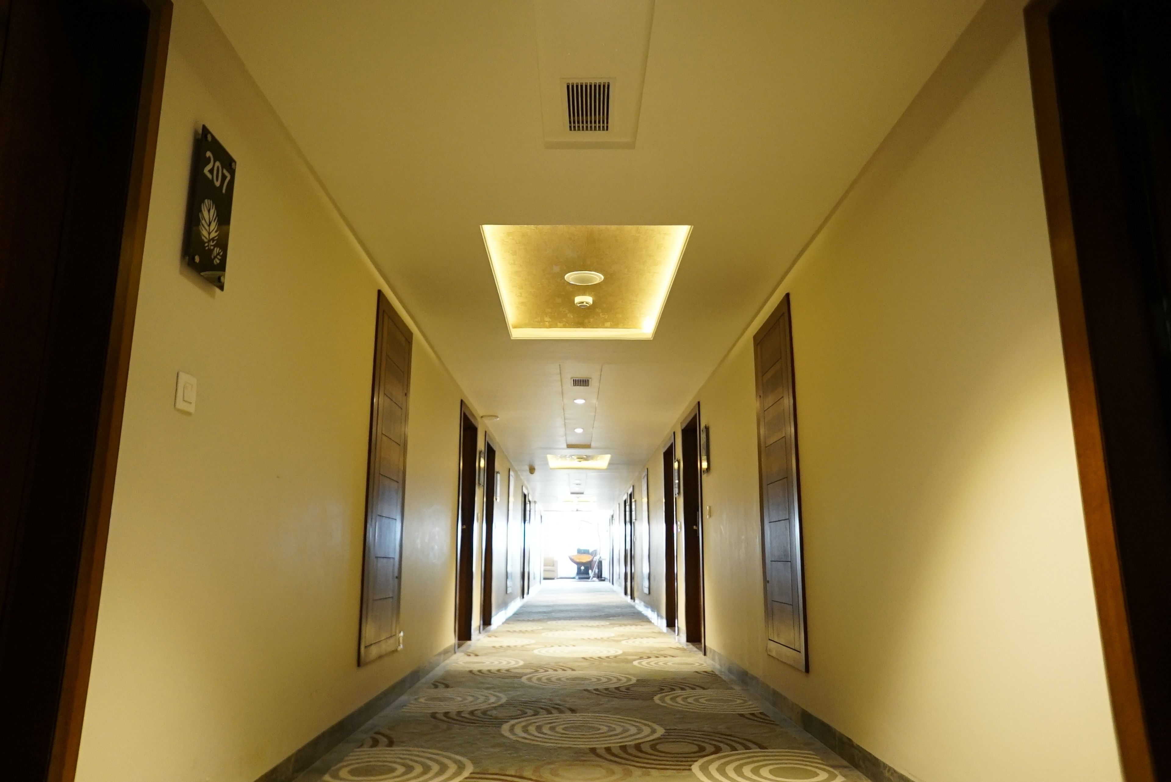 A hotel corridor with a patterned carpet, wooden doors, and a ceiling light fixture.