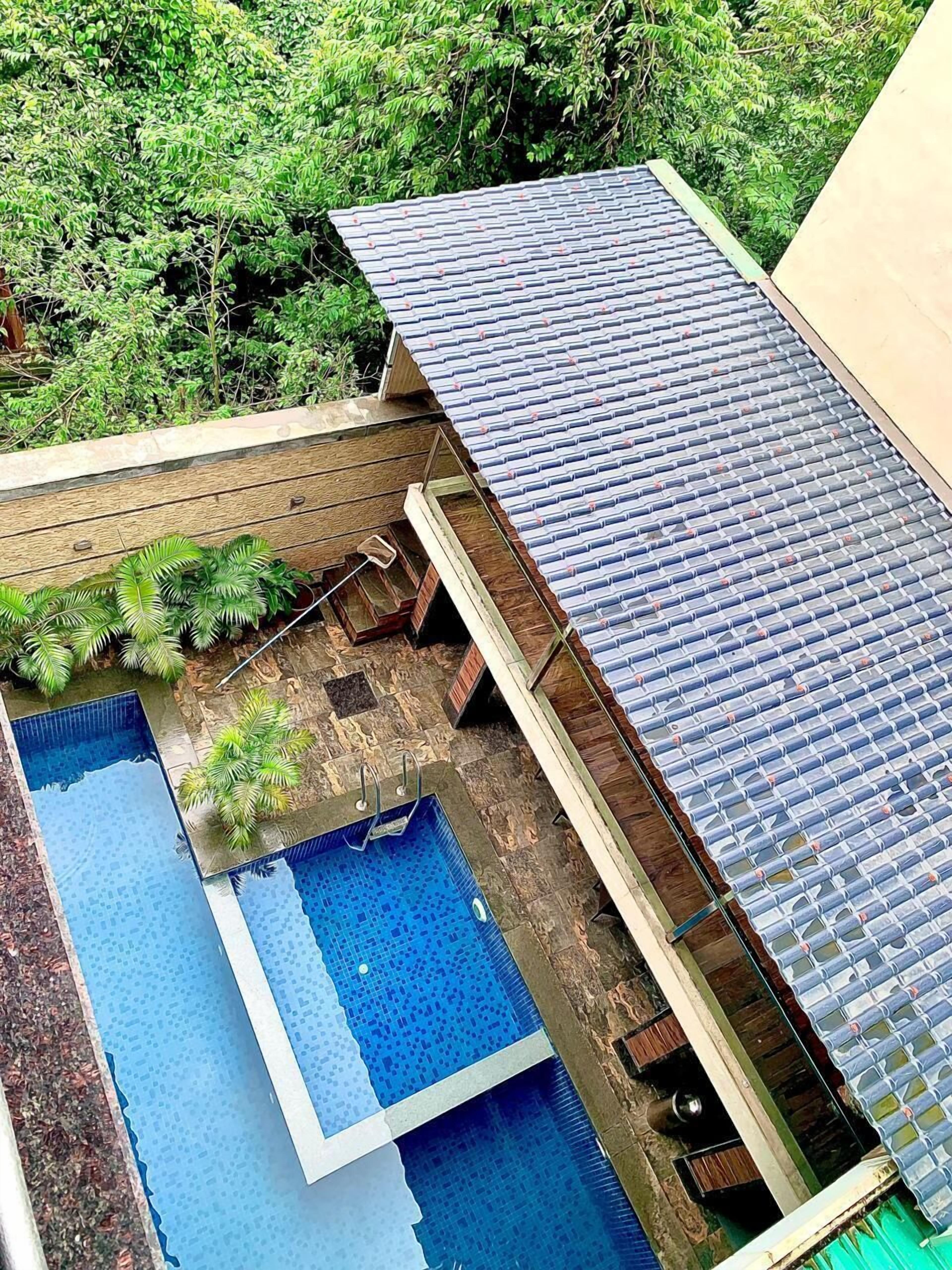 A rooftop pool with a blue tiled deck, surrounded by lush greenery and a wooden deck area.