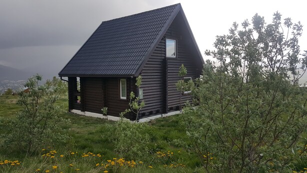 A wooden cabin with a steeply pitched roof, surrounded by greenery and wildflowers.