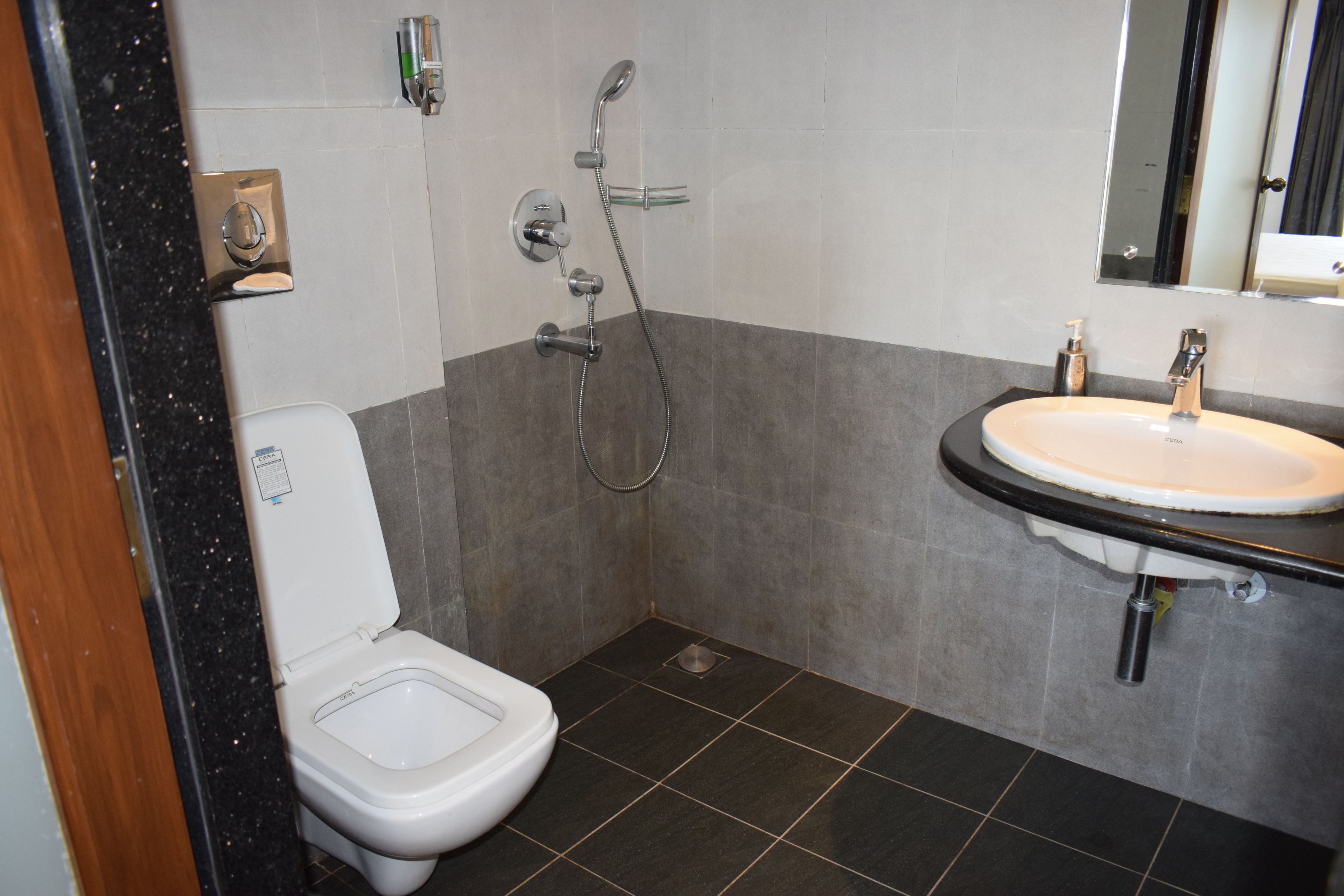 A bathroom with a toilet, a shower, and a sink.