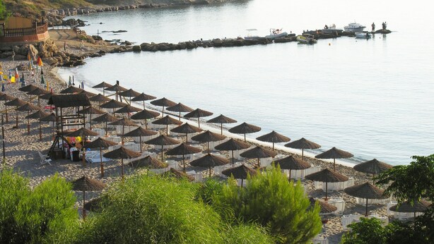 A beach with rows of thatched umbrellas and a rocky shoreline.