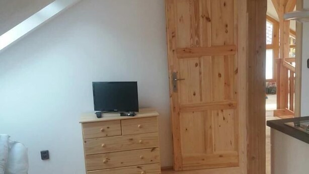 A room with a sloped ceiling, wooden flooring, a TV on a dresser, and a wooden door. - Kyprův mlýn (Knínice)
