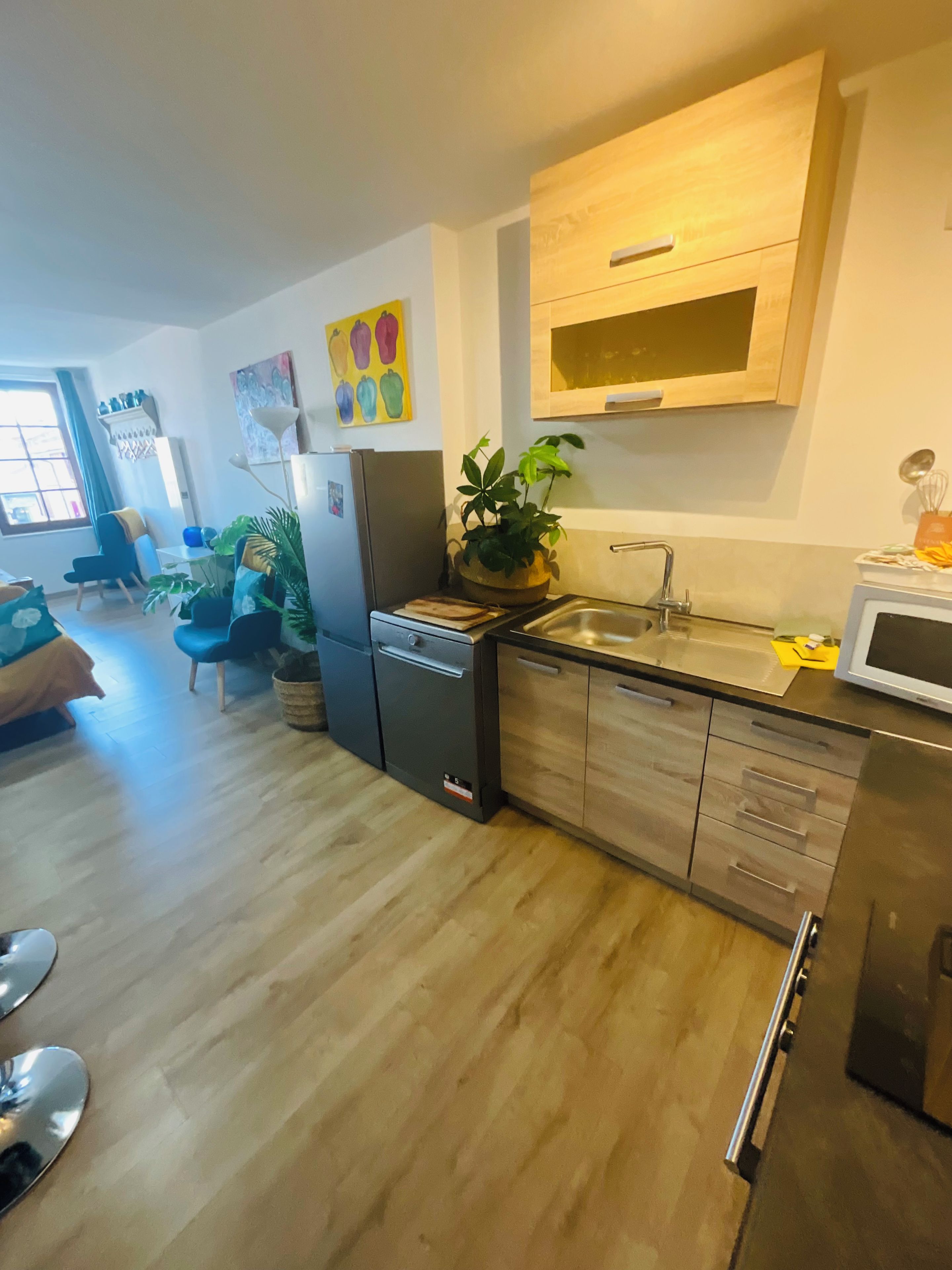 Una cocina moderna con armarios de madera, microondas integrado y un lavamanos. Hay una planta en la encimera y una ventana con cortinas.