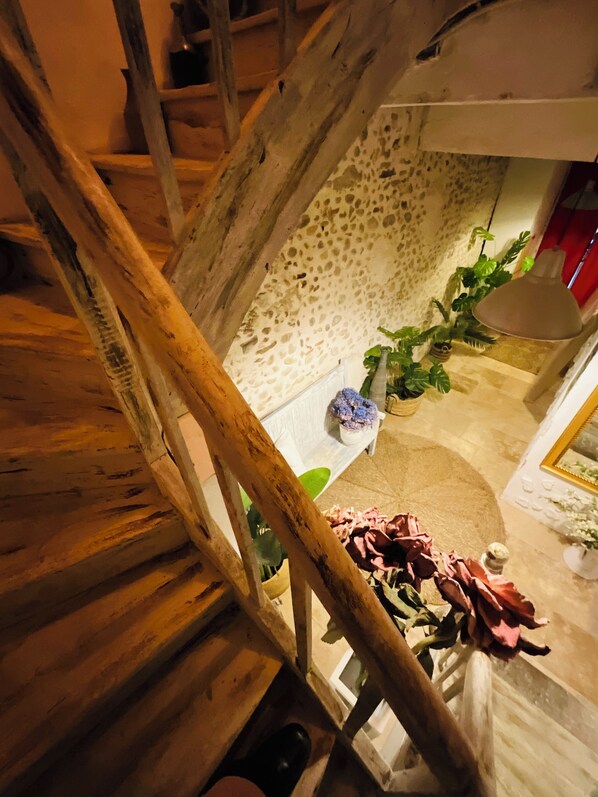 A wooden staircase with a stone wall and a potted plant. - Labyrinthe (Mirepoix)