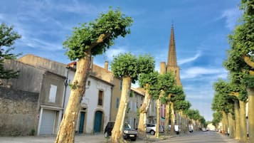 A street lined with trees and buildings, including a church with a tall spire.