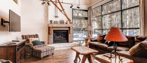 Tv, eldstad, dvd-spelare och en stereo