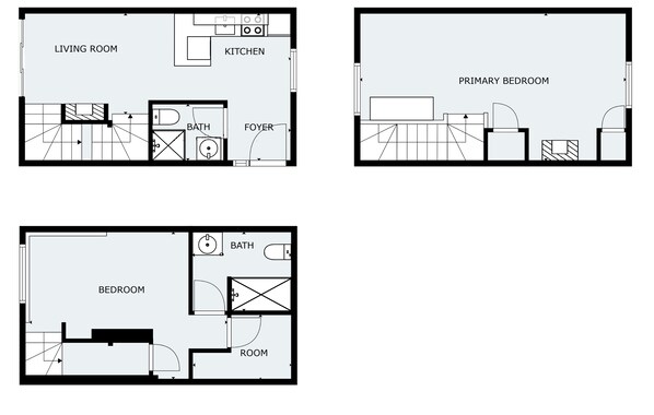 A floor plan with a living room, kitchen, primary bedroom, bathroom, foyer, bedroom, and room. - Ogunquit’s only Oceanfront Cottage on Private Ocean Beach – Perkins Cove, Maine (Ogunquit)