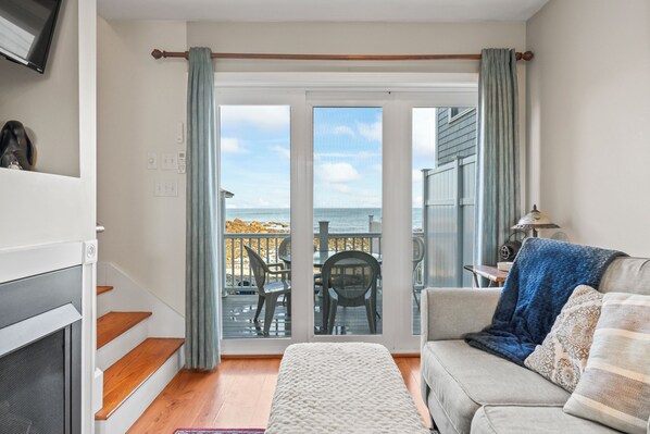 Smart TV, fireplace, books