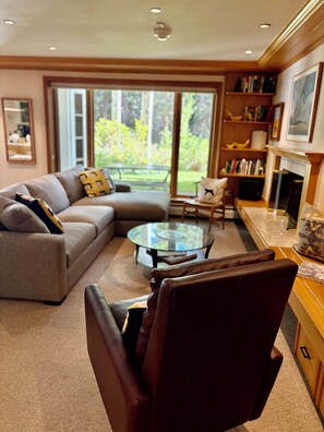 Smart TV, fireplace, books, stereo