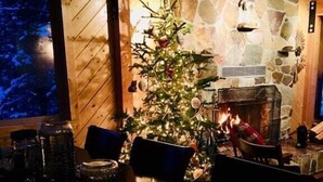 Una habitación acogedora con chimenea de piedra, un árbol de Navidad y un ventanal grande.