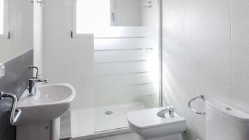 Een douche, een haardroger, een bidet, handdoeken
