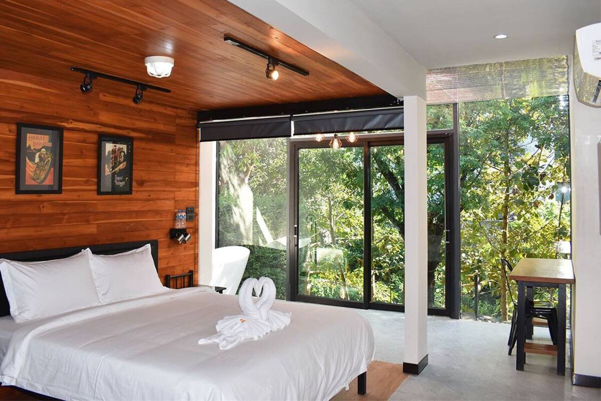 Une chambre moderne avec un plafond en bois, un grand lit, une vue sur la verdure grâce à de grandes fenêtres du sol au plafond, et une petite table avec une chaise.