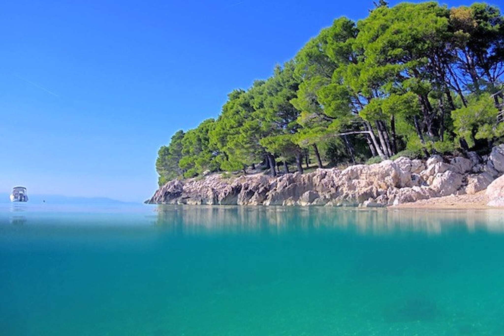 A coastal landscape with a rocky shoreline, dense green trees, and calm turquoise waters.