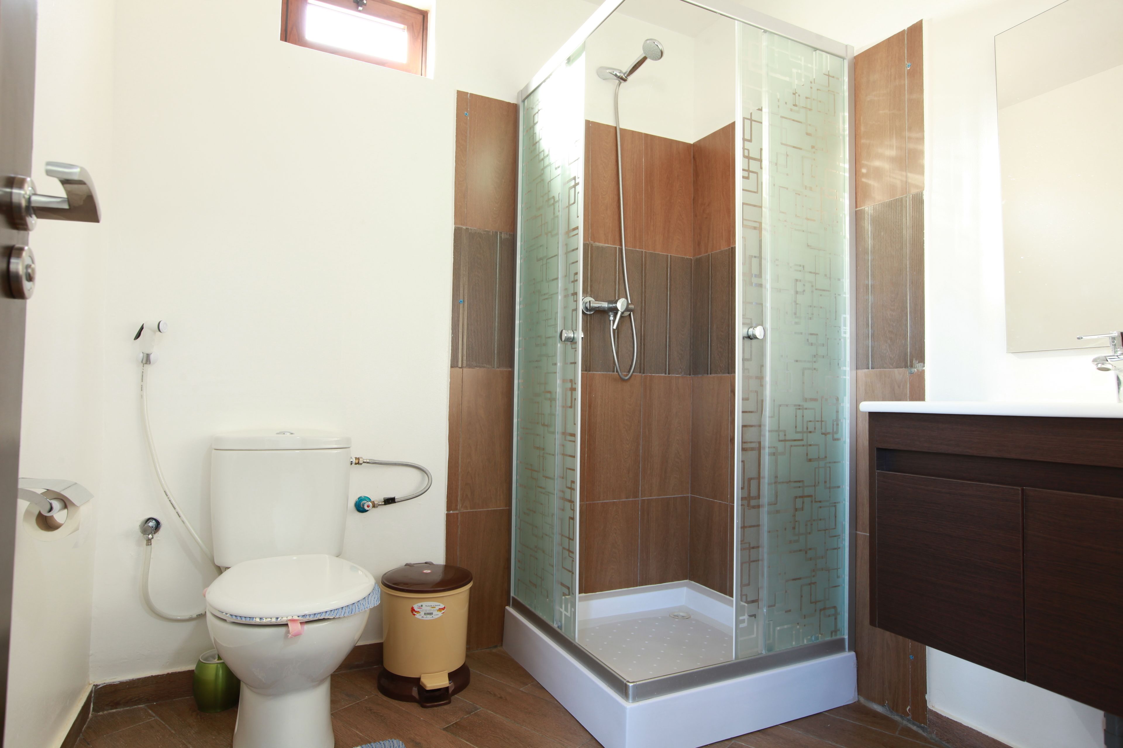 A modern bathroom with a glass-enclosed shower, a toilet, and a vanity with a mirror.