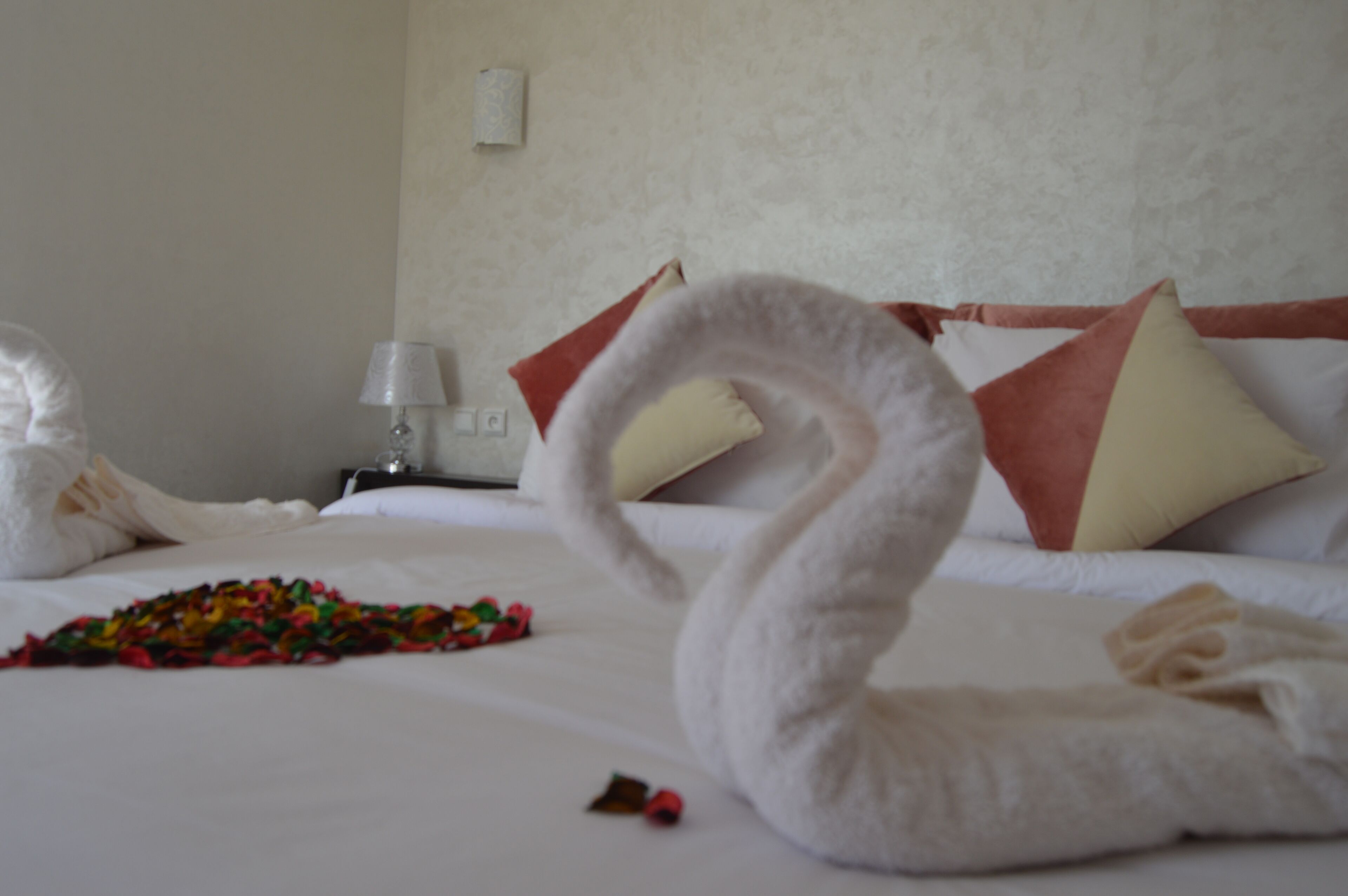 A hotel room with a neatly made bed, pillows, a lamp, and a colorful throw blanket.