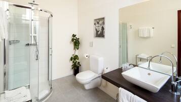 Un baño moderno con cabina de ducha de vidrio, inodoro blanco, lavamanos con encimera oscura y una planta en maceta.