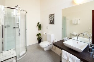 Un baño moderno con cabina de ducha de vidrio, inodoro blanco, lavamanos con encimera oscura y una planta en maceta.