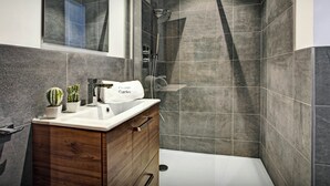 A modern bathroom with a shower, a vanity with a sink, and a mirror.