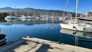 Ein Yachthafen mit mehreren Segelbooten, ruhigem Wasser und Bergen im Hintergrund.