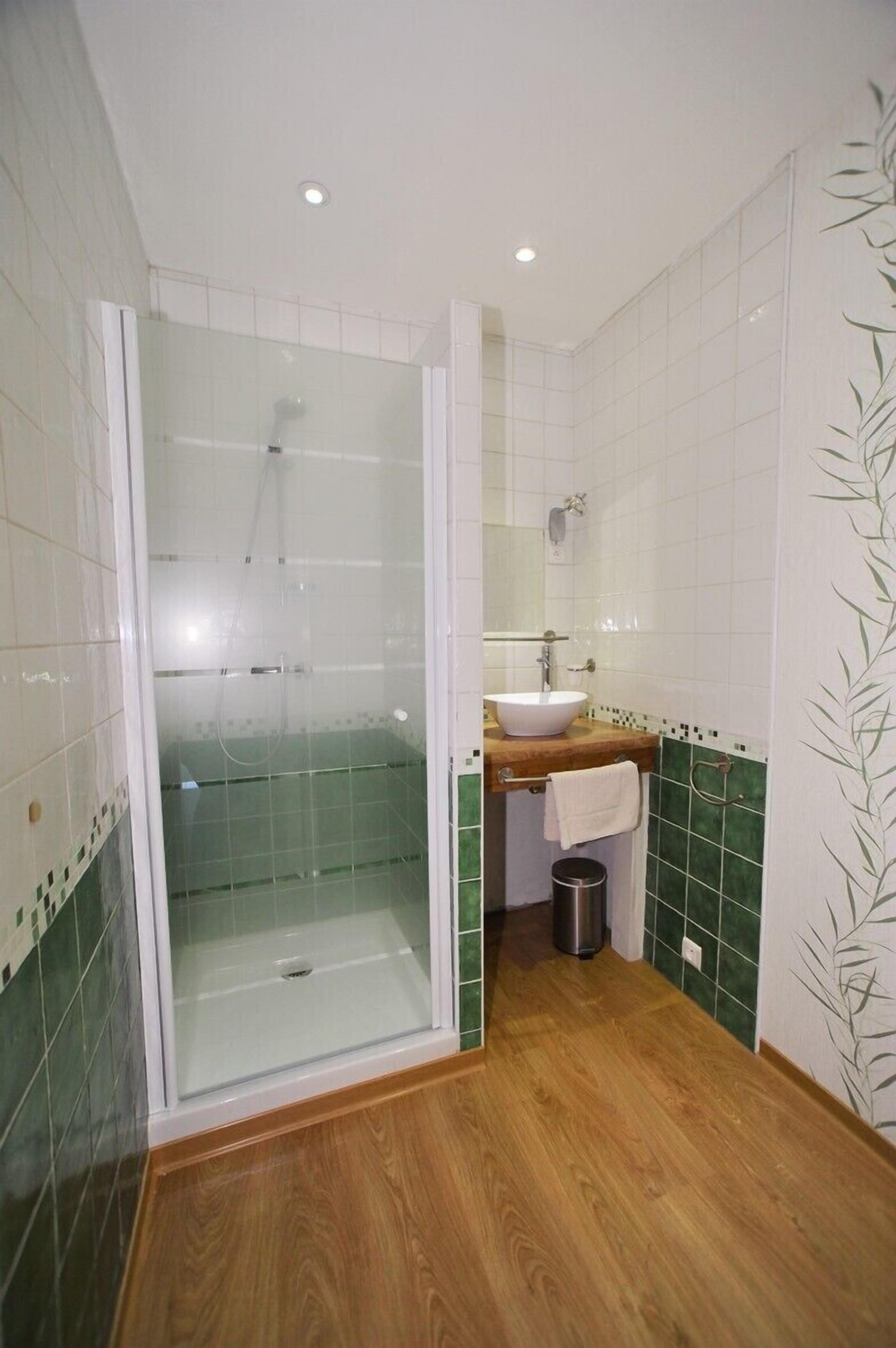 Une salle de bain avec une douche à parois de verre, un lavabo avec un miroir et un meuble-lavabo en bois.