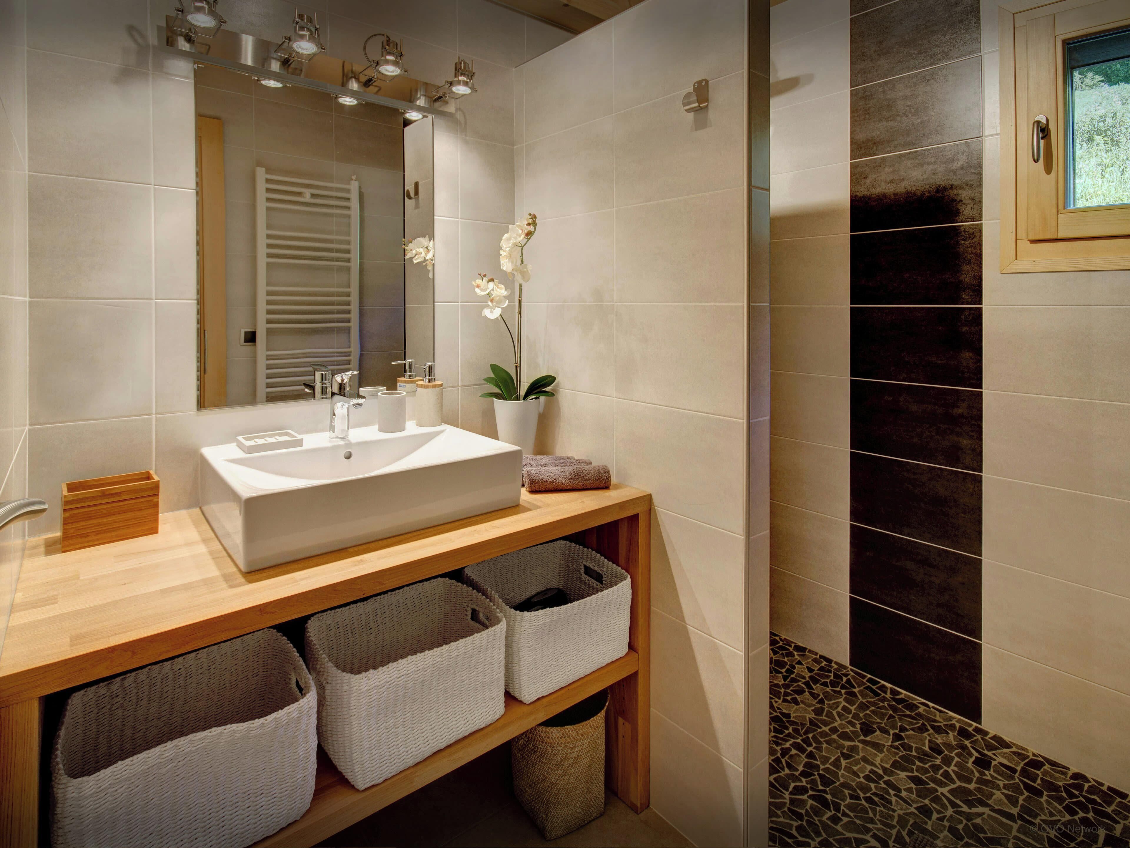 A modern bathroom with a large sink, mirror, and a shower area.