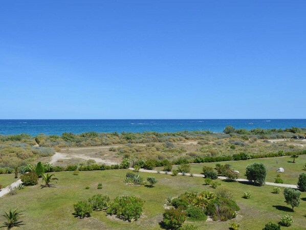 A coastal landscape with a clear view of the sea, a grassy area with scattered trees, and a dirt path leading towards the water.