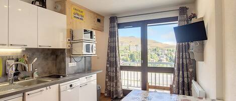 Fridge, stovetop, dishwasher, coffee/tea maker