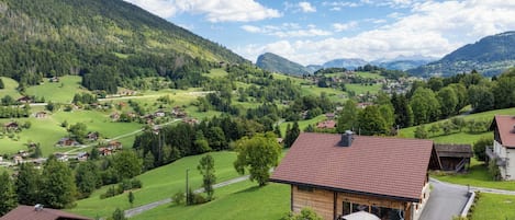Un chalet de montagne doté d’un patio, entouré de prairies verdoyantes et de collines boisées.