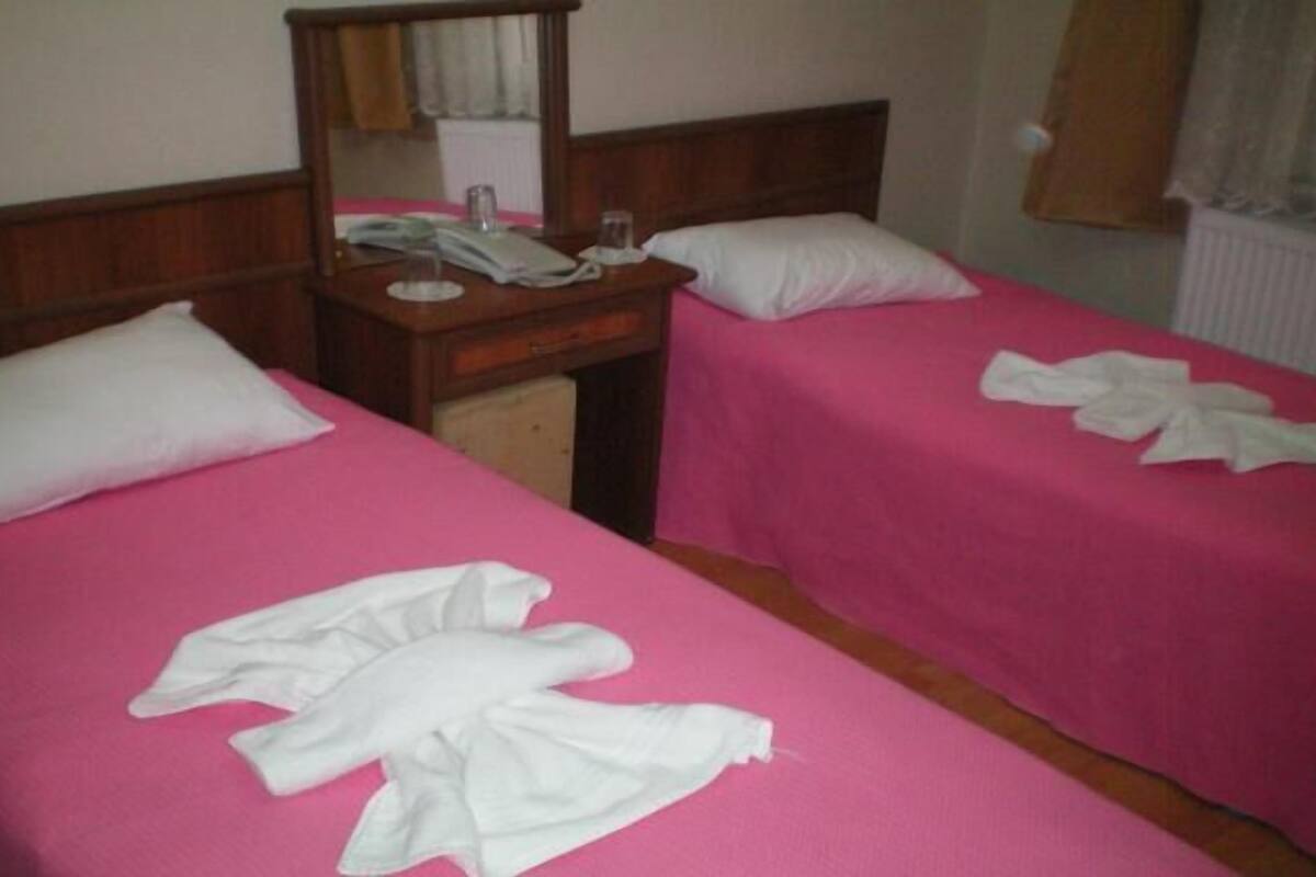 A hotel room with two beds, each with a pink bedspread and white pillows. There is a wooden nightstand with a telephone and a glass of water.