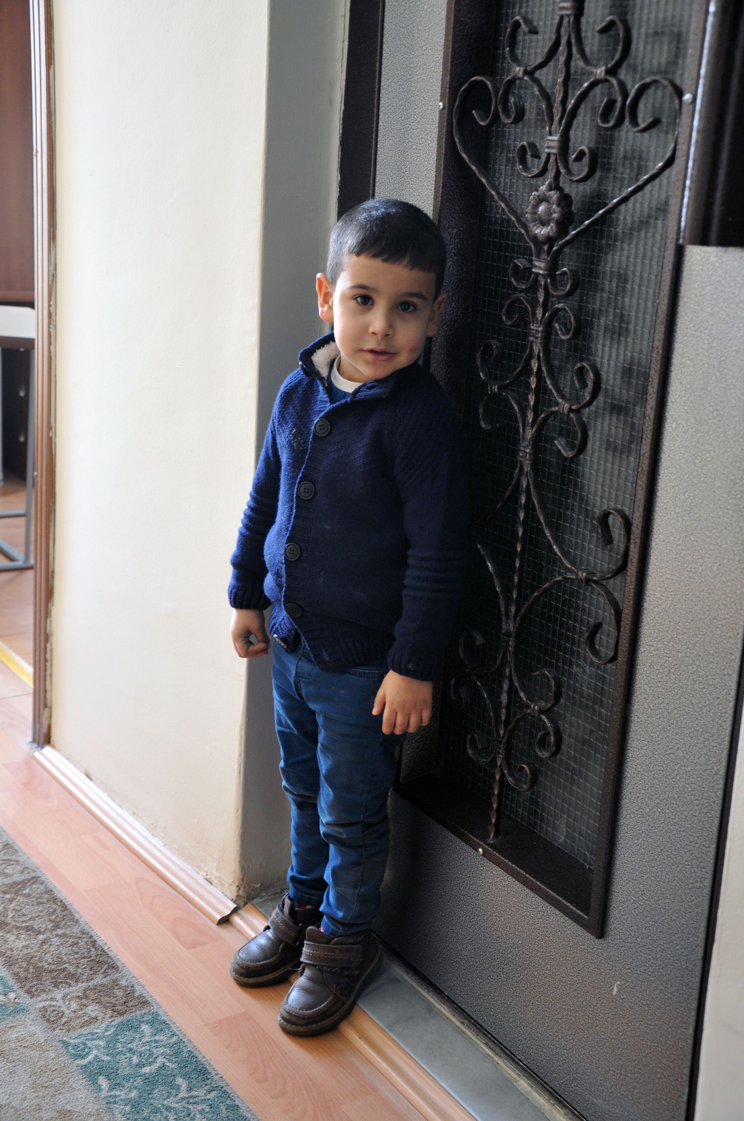 Un niño de pie junto a una puerta con una celosía metálica decorativa.