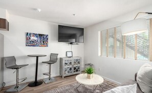 TV, fireplace, books