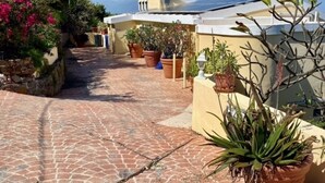 Une cour dallée, agrémentée de plantes en pot, et un bâtiment doté d’un toit en pente.