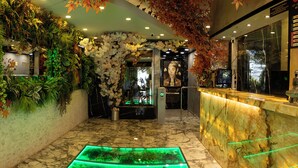 Et hotel lobby med en receptionsdisk, et gulv med grønt lys og vægge pyntet med planter og blomster.