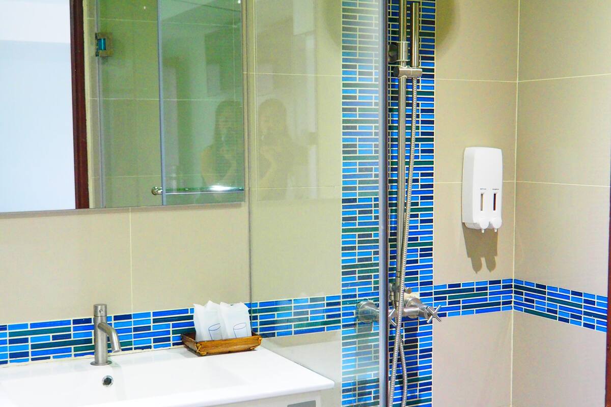 Een douche, een regendouche, gratis toiletartikelen, een haardroger