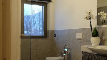 Un baño moderno con cabina de ducha de vidrio, un bidé, inodoro, lavamanos y ventana que proporciona luz natural.
