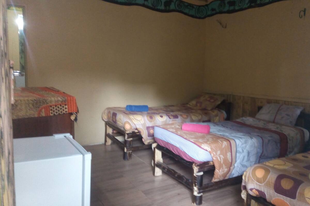 A small, cozy room with three wooden beds, each with patterned bedding.