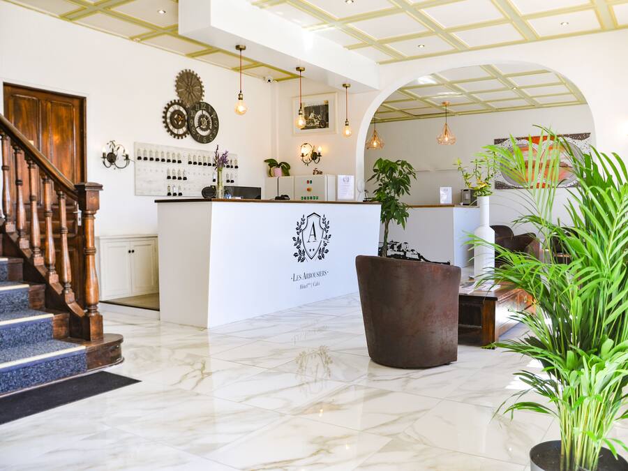 Recepció d'hotel amb taulell d'informació, escala i una planta gran en test.