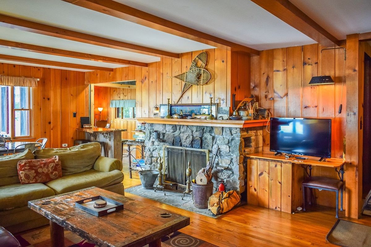 A cozy living room with a stone fireplace, wooden walls, a television, and a sofa.