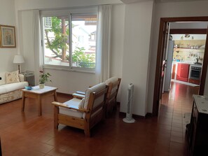 Smart TV, fireplace, books, computer monitors