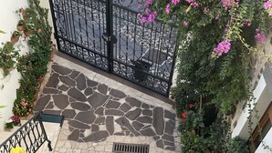 Un patio empedrado con una verja metálica, plantas en macetas y enredaderas con flores.