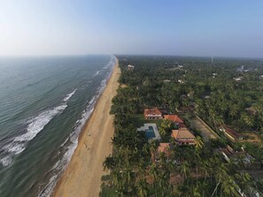 An aerial view of a coastal area with a beach, houses, and palm trees.