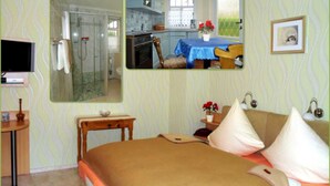 Un dormitorio con cama, televisor, baño con ducha y zona de cocina.