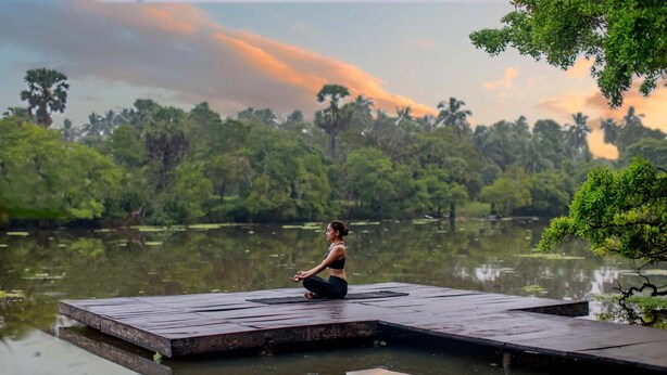 A person meditating on a wooden dock by a calm lake with dense greenery and trees in the background. - The Backwaters (Eluwankulama)