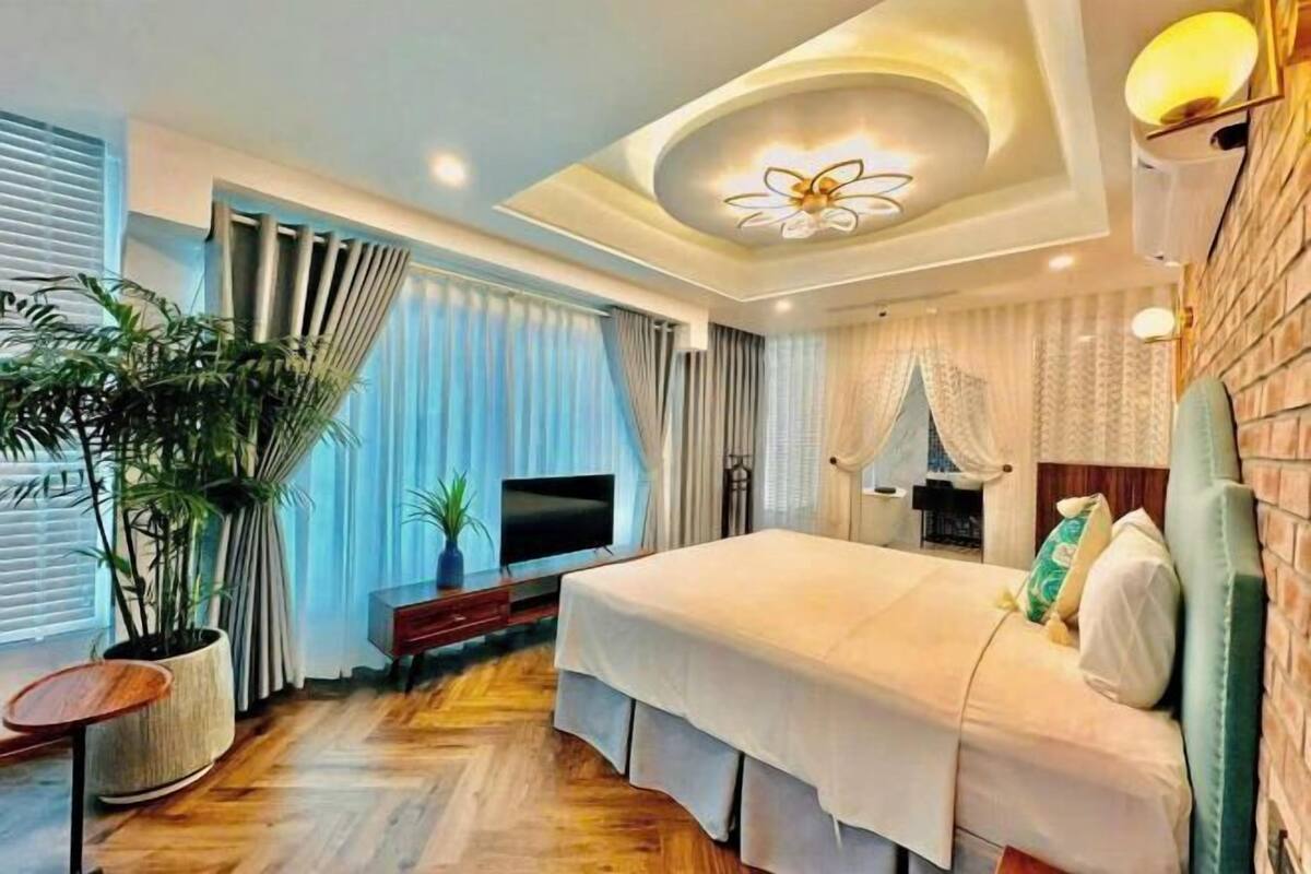Une chambre moderne avec un lit, un téléviseur, une plante en pot et un luminaire au plafond.