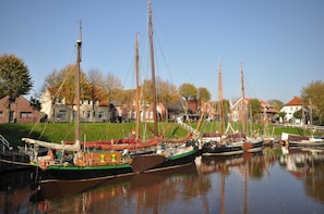 Une rangée de voiliers traditionnels est amarrée dans un port, avec des maisons en arrière-plan.